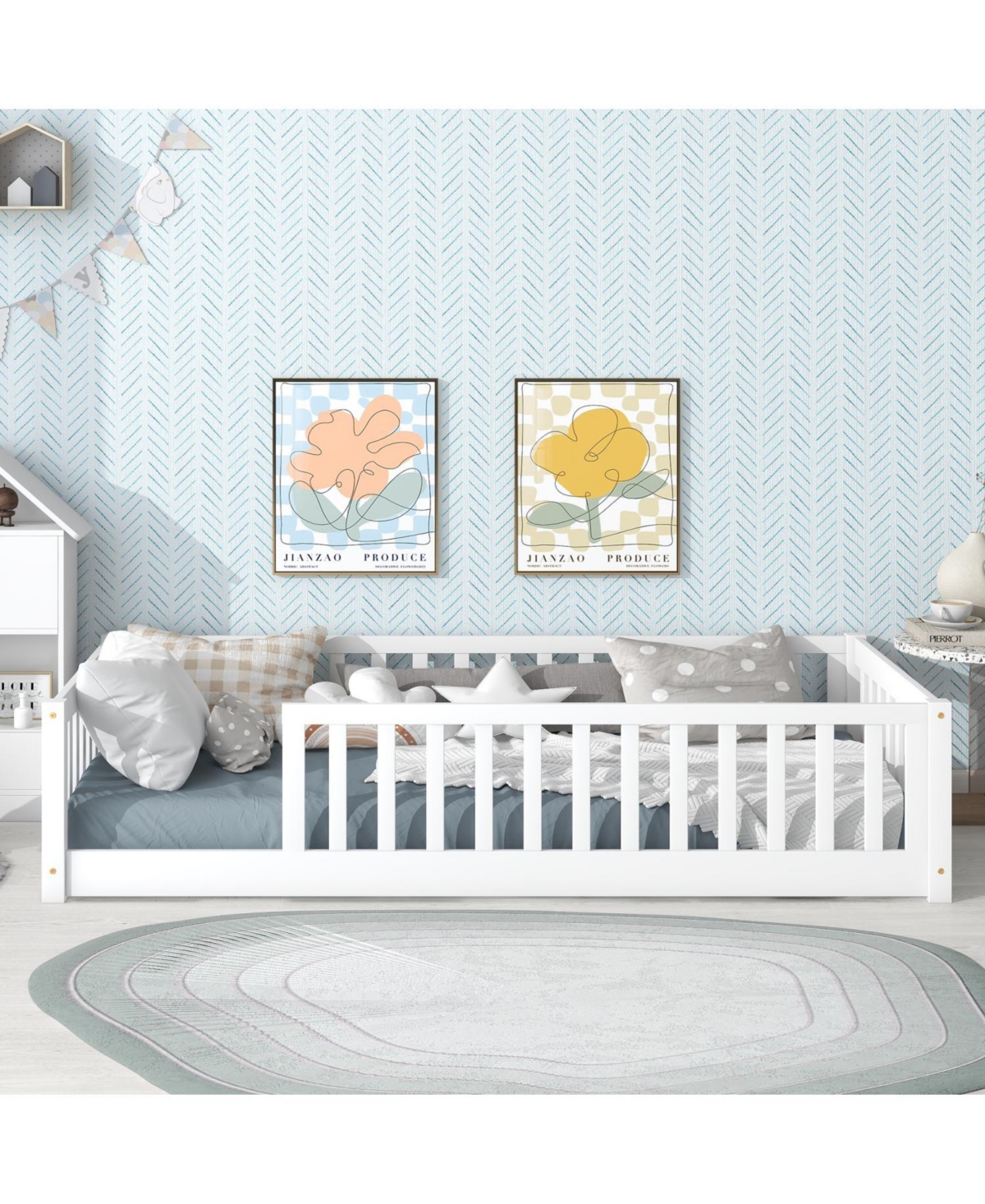 Streamdale Furniture Twin Floor Bed with Fence, Rubber Wood