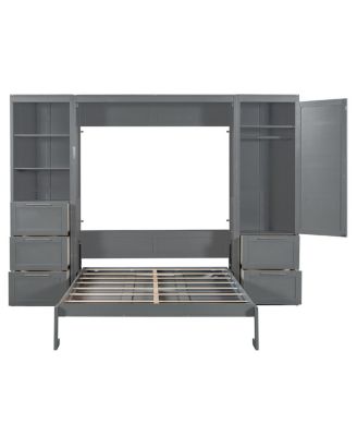 Queen Size Murphy Bed Wall Bed with Closet, Drawers and Shelves, Gray
