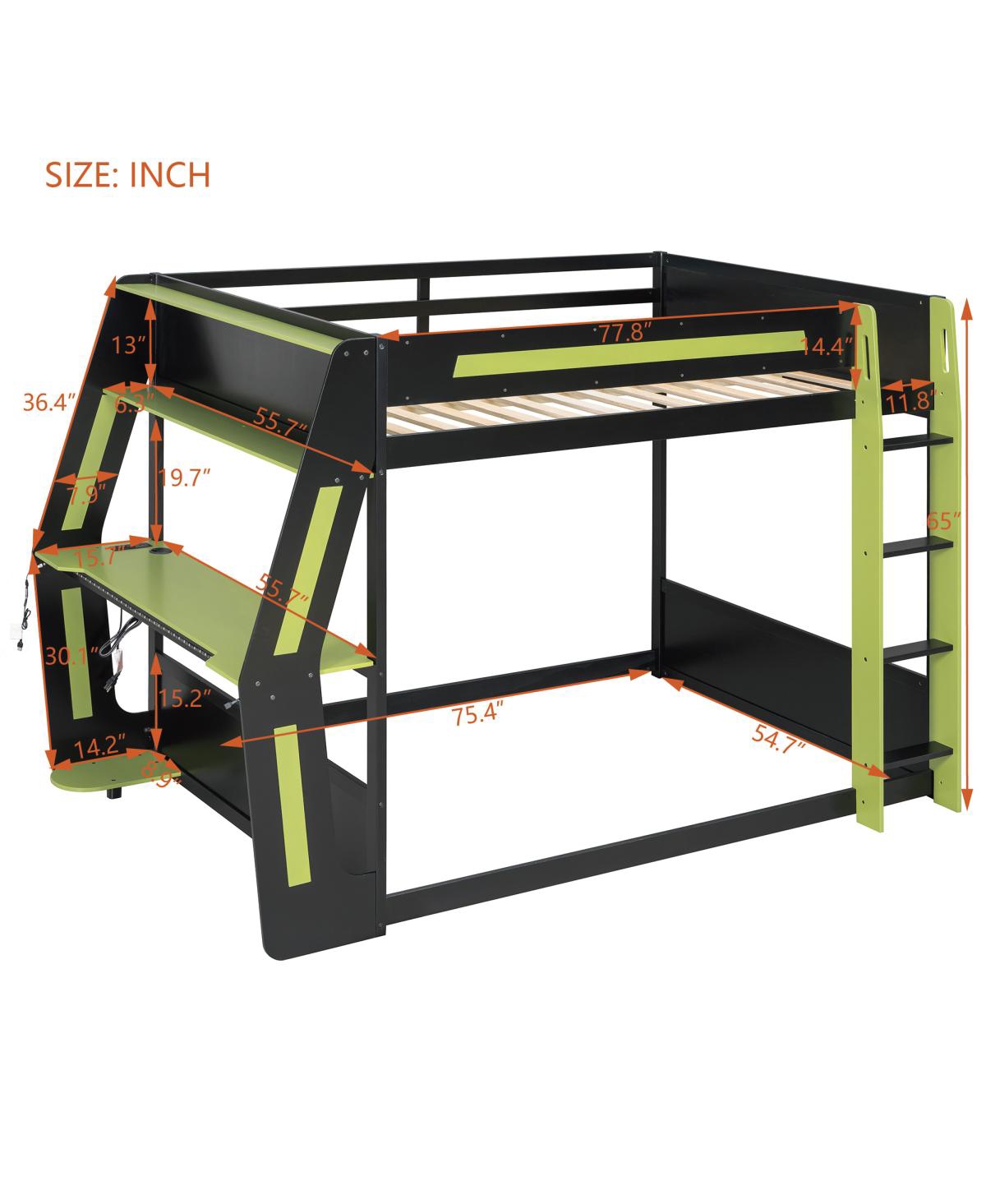 Streamdale Furniture Full-Size Gaming Bunk Bed with Rgb Desk, Usb Ports, Led Strip & Cable Grommet - Green
