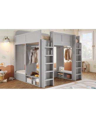 Triple Bunk Bed with Storage Shelves and Hooks