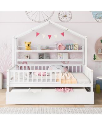 Wooden Full Size House Bed with Twin Size Trundle, Kids Bed with Shelf