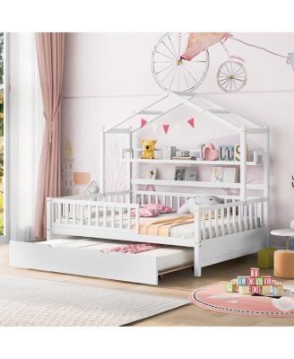 Wooden Full Size House Bed with Twin Size Trundle, Kids Bed with Shelf