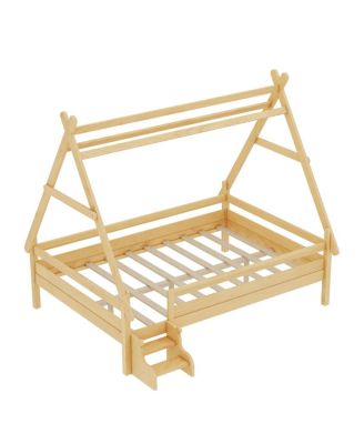 Full House Platform Bed with Stairs, Solid Wood Twin Bed Frame