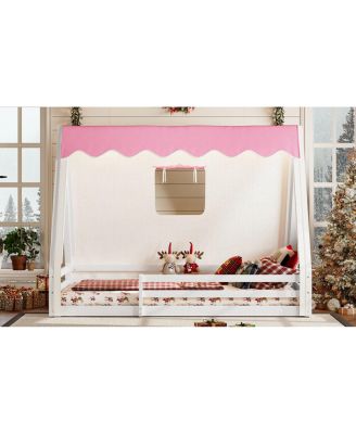 Twin Size House Floor Bed with Tent and Light, Solid Wood Teepee Bed