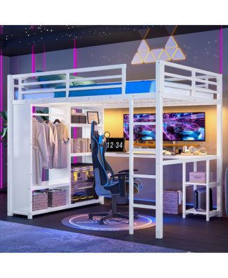 Queen Size Loft Bed Frame with Wardrobe, Desk & Shelves