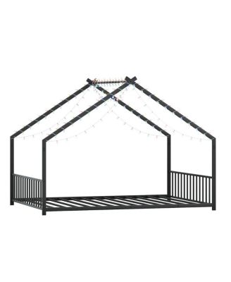 Children's Full Size Bed Frame with LED Lights, Roof-Shaped Iron, Black