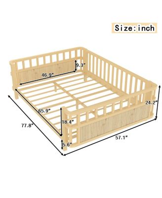 Children's double wooden platform bed with railings, suitable for girls and boys