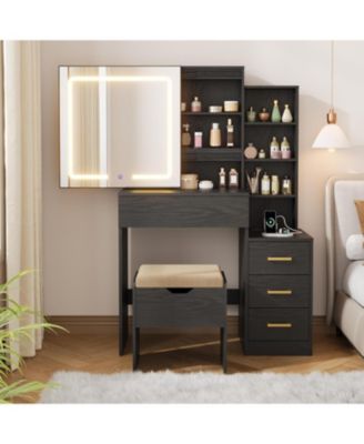 Senfot Vanity Desk with Sliding Mirror and Lights, Modern Makeup Vanity Table with 4 Drawers and 7 Storage Shelves