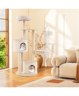 60"Tall Wooden Cat Tree with Scratching Posts & Condos
