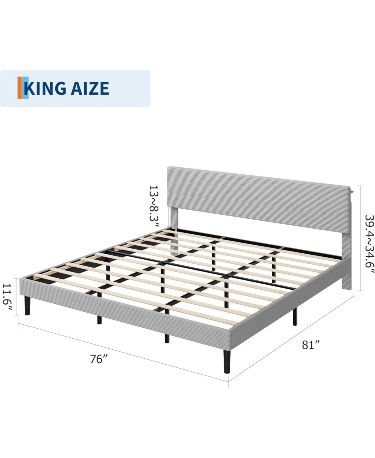gaomon Platform Bed Frame with Usb Charging Station, Corduroy Upholstered Headboard, No Box Spring Needed