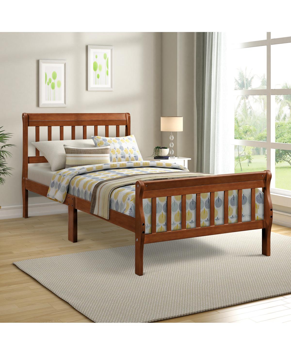 Streamdale Furniture Wood Platform Bed Twin Sleigh Bed Frame with Headboard/Footboard - Walnut