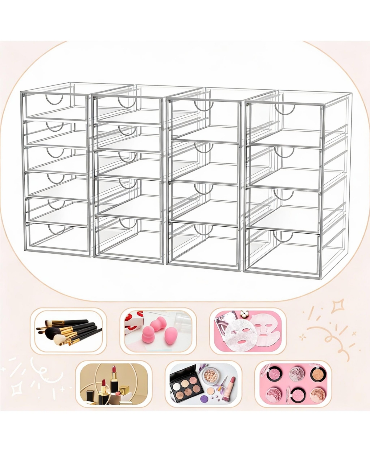 Yigii 4 Pack Acrylic Makeup Organizer with 19 Drawers for Bathroom & Vanity Storage