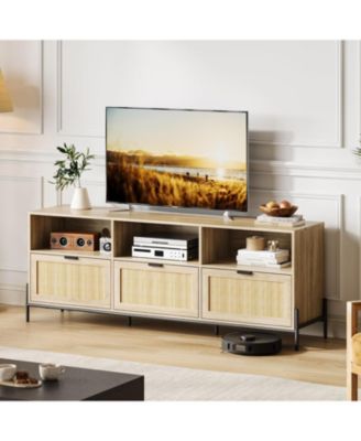 Rattan TV Stand for 75" TVs, Modern Entertainment Center with 3 Drawers, Wood Console with Metal Legs, Oak