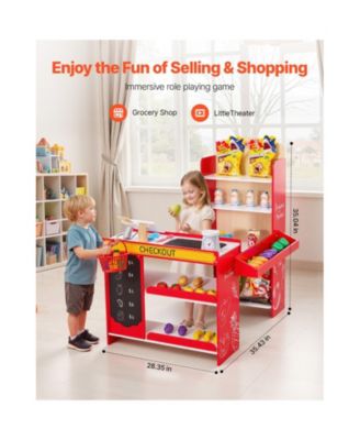 Kids Grocery Store Playset, Wooden Play Store with Shopping Bag, Kids Supermarket Pretend Play Toy Set with Conveyor Belt