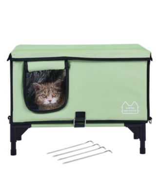 Green Elevated Heated Cat House Cuboid Kitty Shelter with Heating Pad (M)