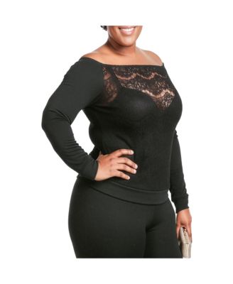 Plus Size Lace Ponte Boat Neck Blouse Tops
