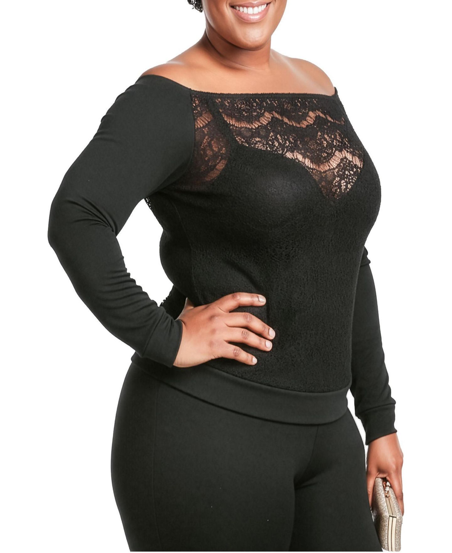 Женская блузка Poetic Justice Plus Size Lace Ponte Boat Neck Blouse Tops, цвет: Чёрный — фото 2