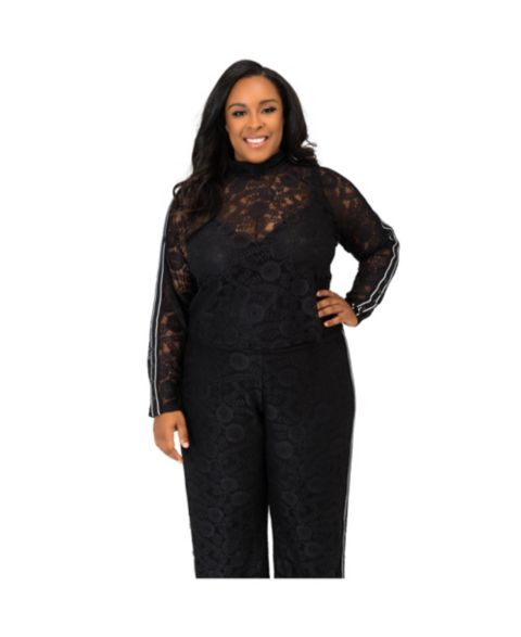 Женский топ Poetic Justice Plus Size Curvy Black Lace Stripe Snap Cuff Zip Turtleneck, цвет: Чёрный
