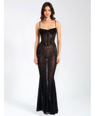 Women's Ulani Black Burnout Velvet Detail Mesh Maxi Dress