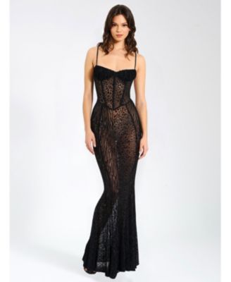 Women's Ulani Black Burnout Velvet Detail Mesh Maxi Dress