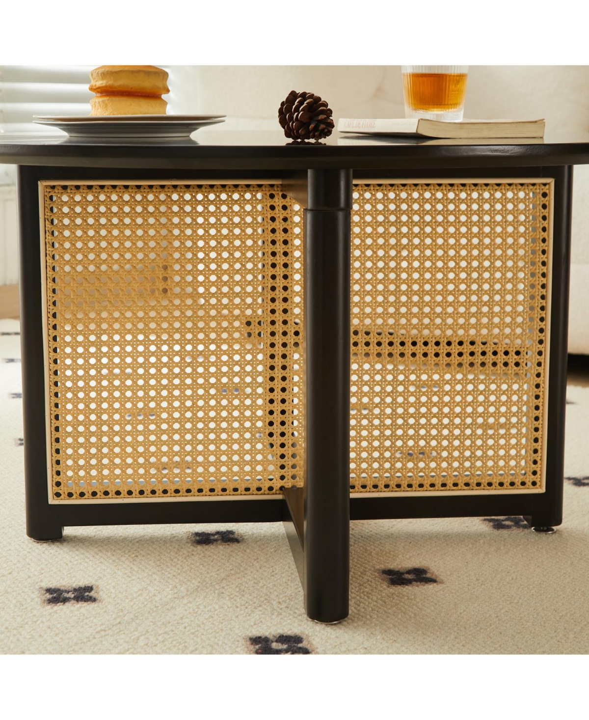 Streamdale Furniture Mid-Century Bohemian Coffee Table 31.5" Round with Pe Cane Stand