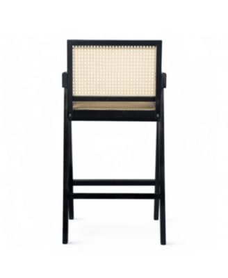 27", Modern Minimalist Bar Stool with Cane Seat, Solid Wood Frame