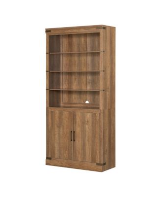 Streamdale Modern Bookshelf with Doors, 3-Tier Adjustable Shelves, LED Light, Walnut