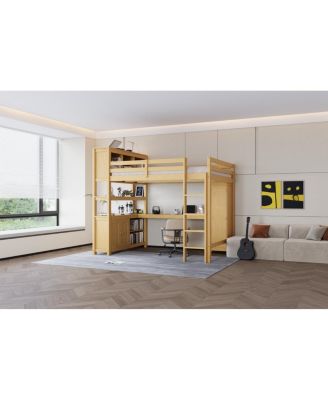  Wood Loft Bed with Cabinet, Bookshelf, Wardrobe & Desk, Queen Size