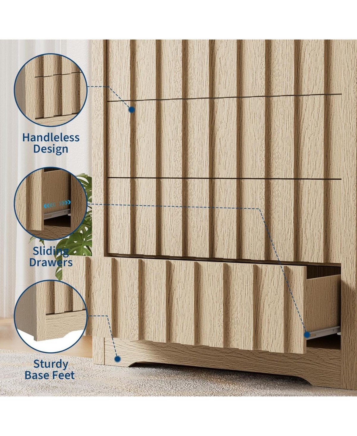 Gaomon 5-Drawer Tall Fluted Dresser, Modern Handleless Wood Storage Cabinet with Deep Storage for Bedroom, Living Room