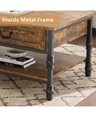 41" Coffee Table with 2 Storage Drawers, Rustic Coffee Tables w/Storage Shelf and Metal Legs,Wood Large Rectangular Coffee Table (Rustic