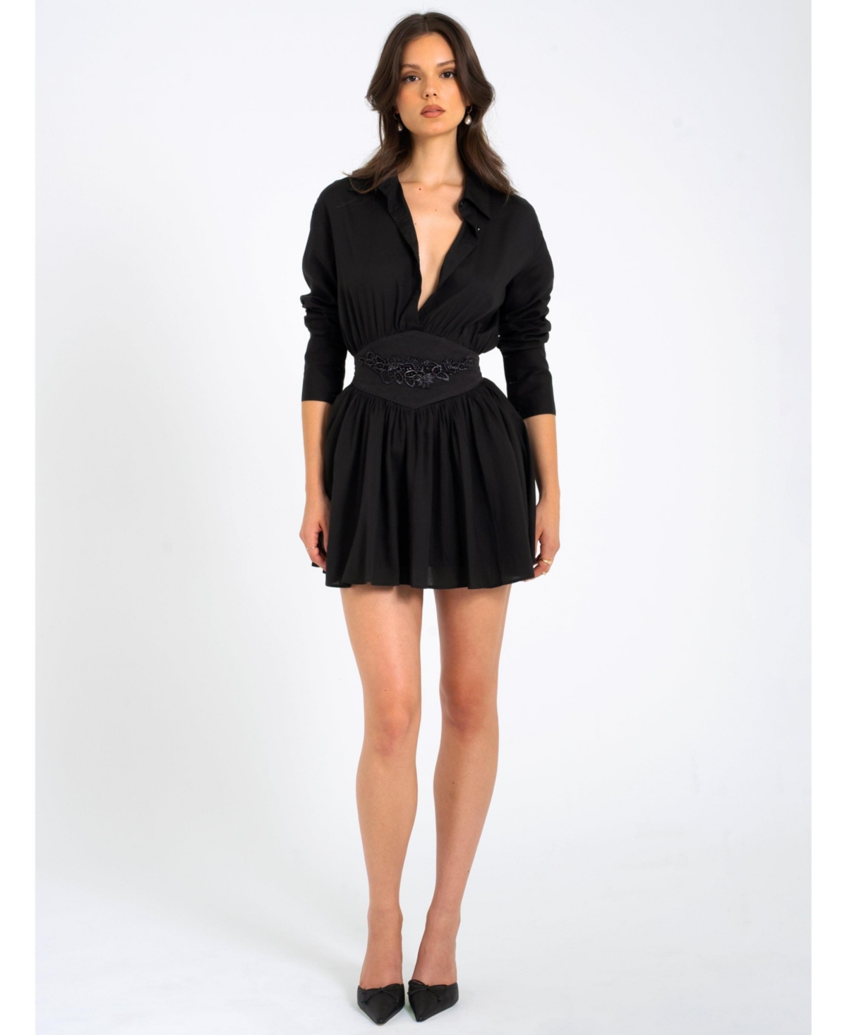 Miss Circle Women's Jamila Black Shirt Mini Dress with Embroidered Waist Detail