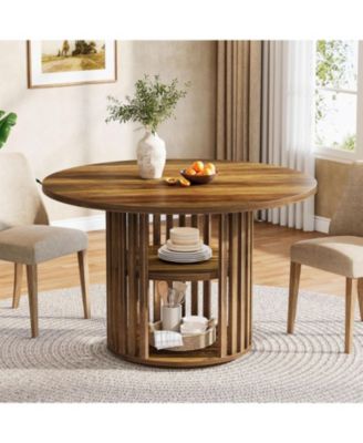 47-Inch Round Dining Table for 4, Farmhouse Kitchen Table with 2-Tier Storage Shelf and Solid Wood Base, Brown