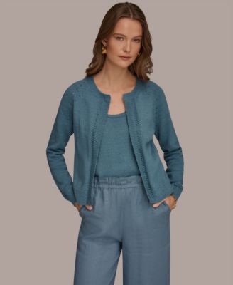 Women's Pointelle Stitch Open-Front Cotton Cardigan 