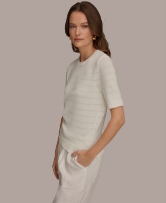 Women's Elbow-Sleeve Crew Neck Striped Sequin Sweater