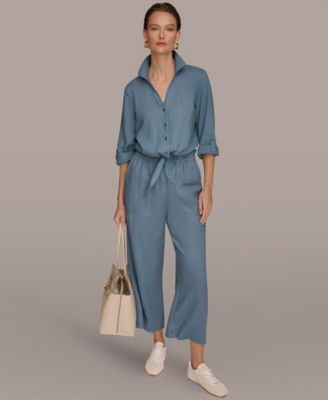 Women's Linen Button-Front Tie Blouse