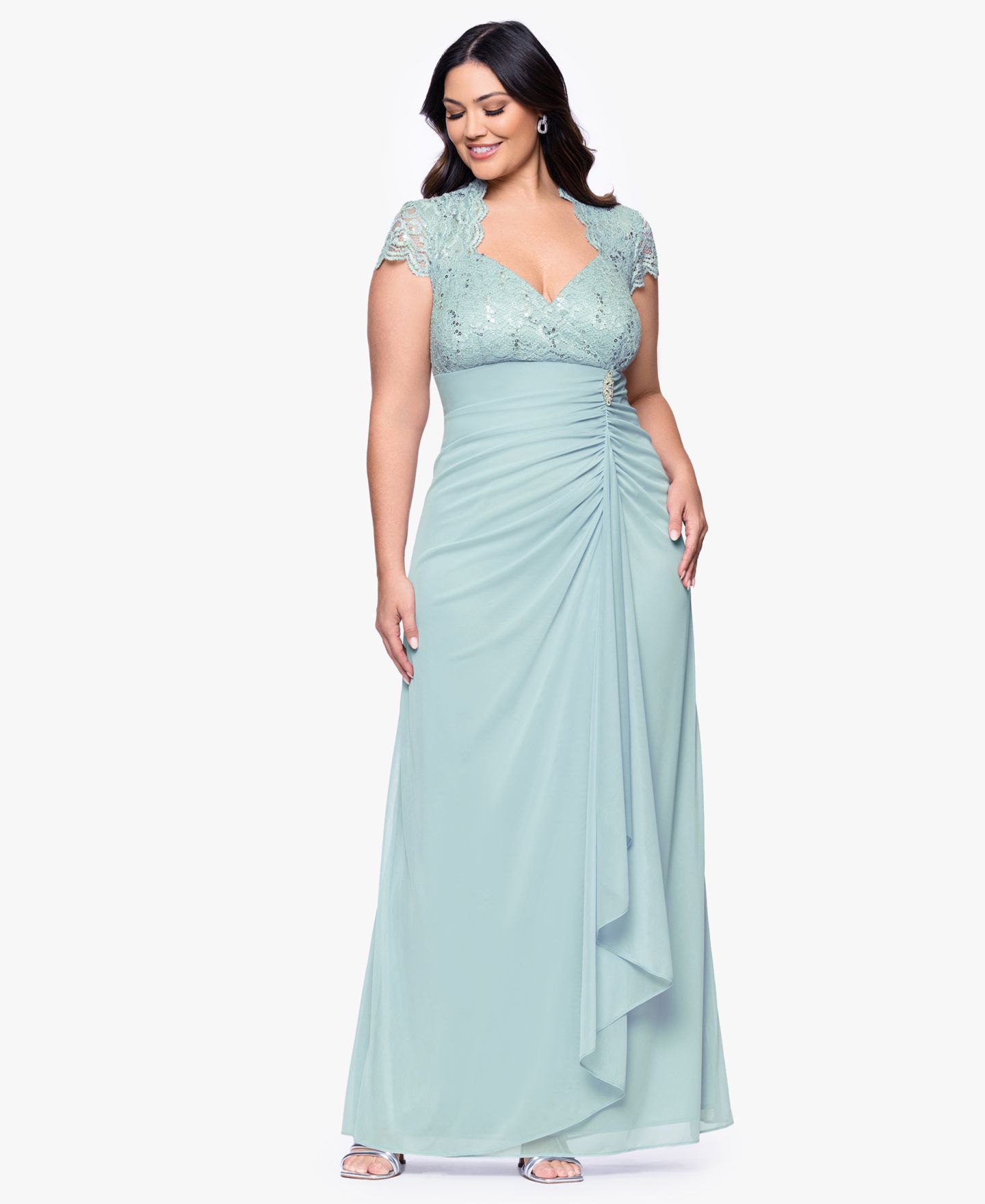 Женские платья B&A By Betsy and Adam Plus Size Sequined-Lace Ruched Gown, цвет: Шалфейный — фото 2