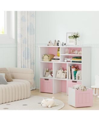 Toy Storage Cabinet with 3 Movable Drawers & 6 Cubes, Children's Toy Shelf Kids Bookshelf with Hidden Wheels