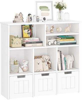 Toy Storage Cabinet with 3 Movable Drawers & 6 Cubes, Children's Toy Shelf Kids Bookshelf with Hidden Wheels