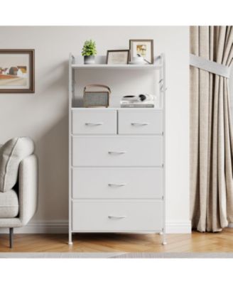 5 Drawer Dresser, Tall Dresser for Bedroom, Storage Organizer with Fabric Bins, Wood Top, Sturdy Steel Frame, Easy Pull Handle, Hallway