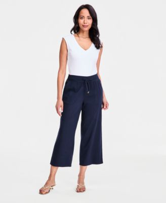 Women's Cropped Drawstring Linen-Blend Wide-Leg Pants