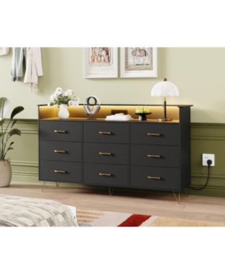 9-Drawer Tall Dresser with APP-Controlled RGB Lights & Charging Station, Modern Wooden Chest with 3 Outlets/2 USB