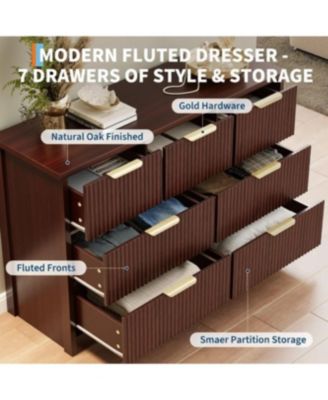 7 Drawer Wooden Dressers for Bedroom, Fluted Dresser with Gold Handles for Adult Bedroom