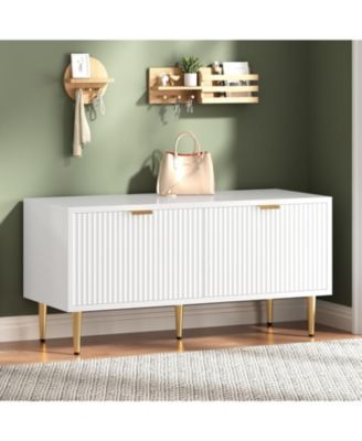 Shoe Cabinet, Fluted Entryway Bench with 2 Doors, Shoe Storage Bench for Hallway, Living Room