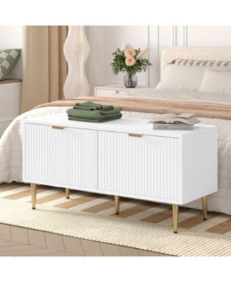 Shoe Cabinet, Fluted Entryway Bench with 2 Doors, Shoe Storage Bench for Hallway, Living Room