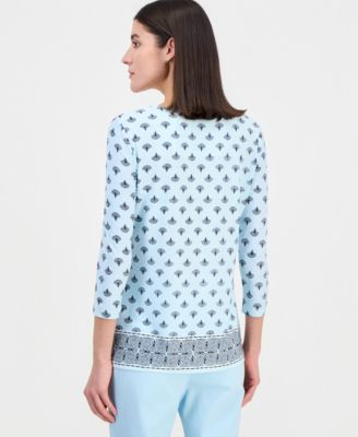 Women's Printed 3/4 Sleeve Scoop-Neck Jacquard Top