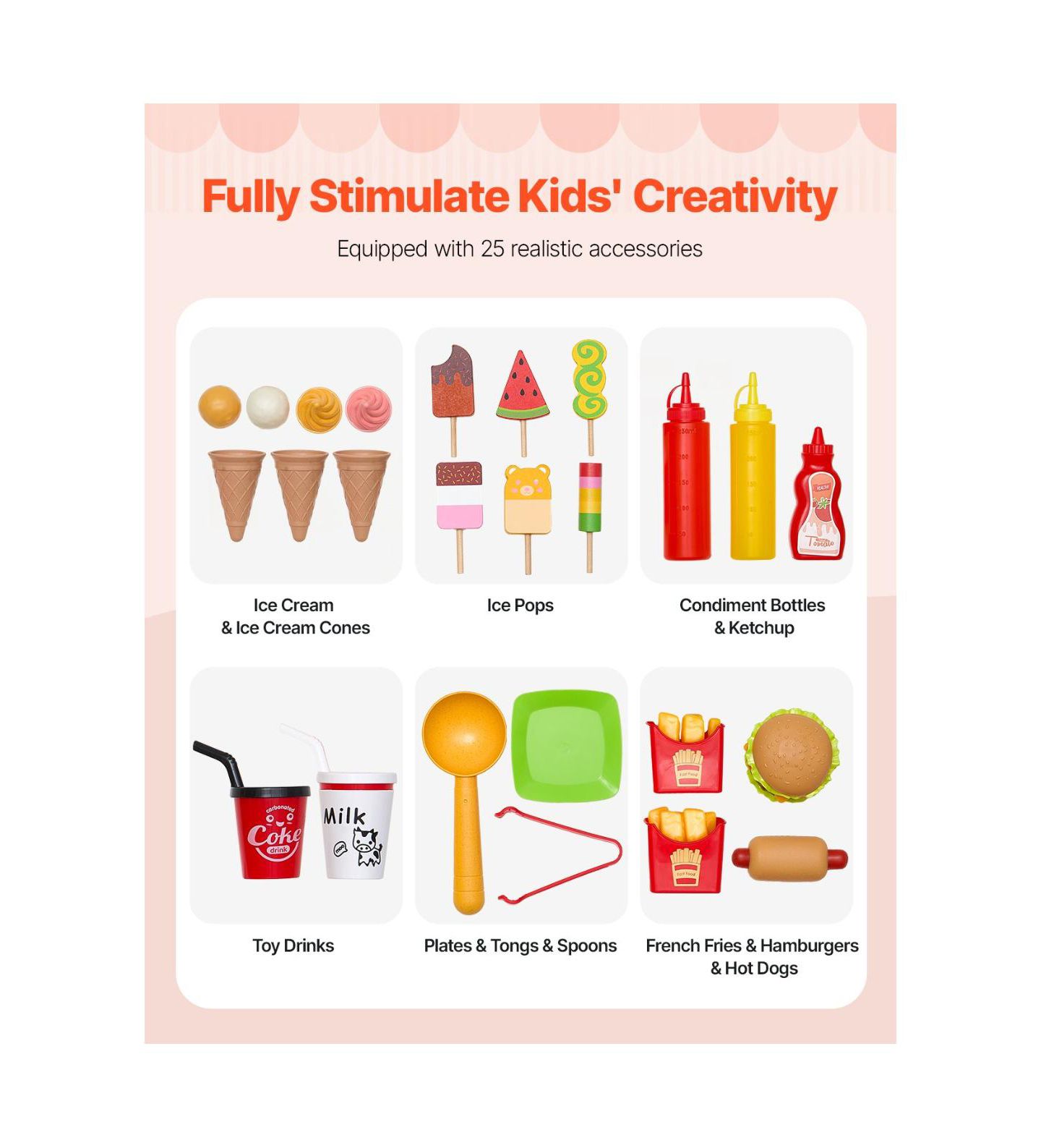 Детские игрушки Slickblue Ice Cream Cart 20+ Piece Set, Ages 3+, цвет: Розовый / Белый — фото 7