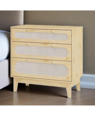 Rattan Drawer Dresser, 3 Wood Drawers Storage Cabinet Dresser for Bedroom