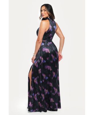 Women's Draped High Neck Sculpting Floral-Print Maxi Dress