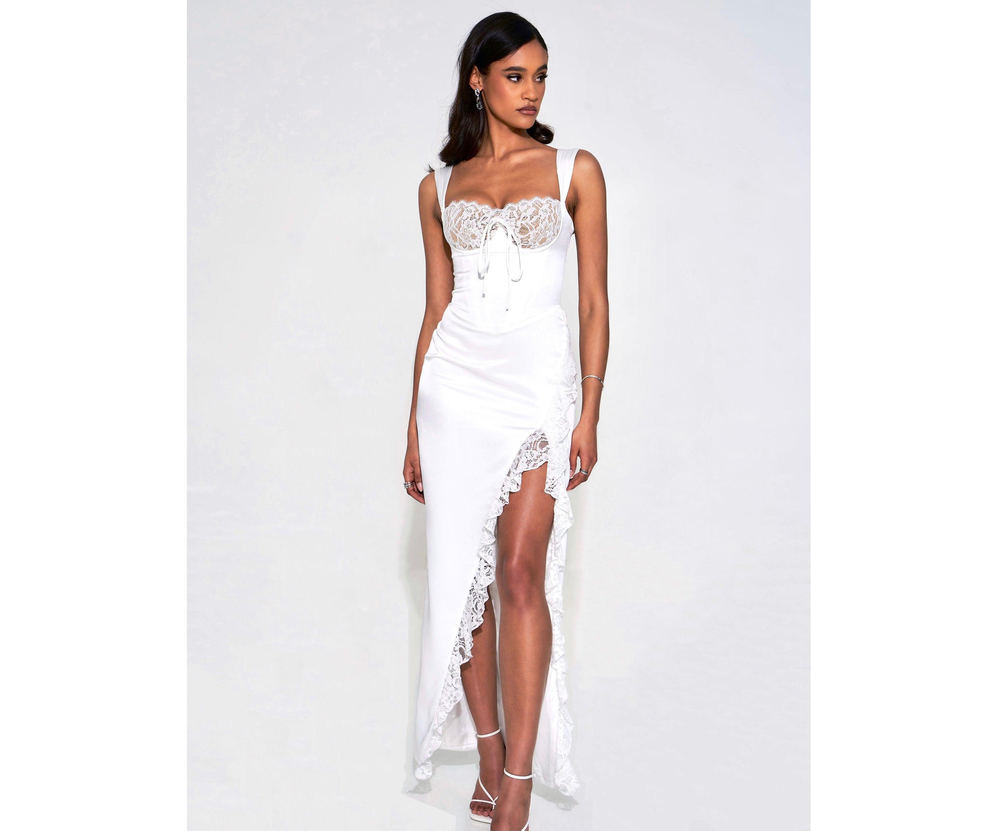 Miss Circle Women's Freddie White Lace Satin Maxi Corset Dress
