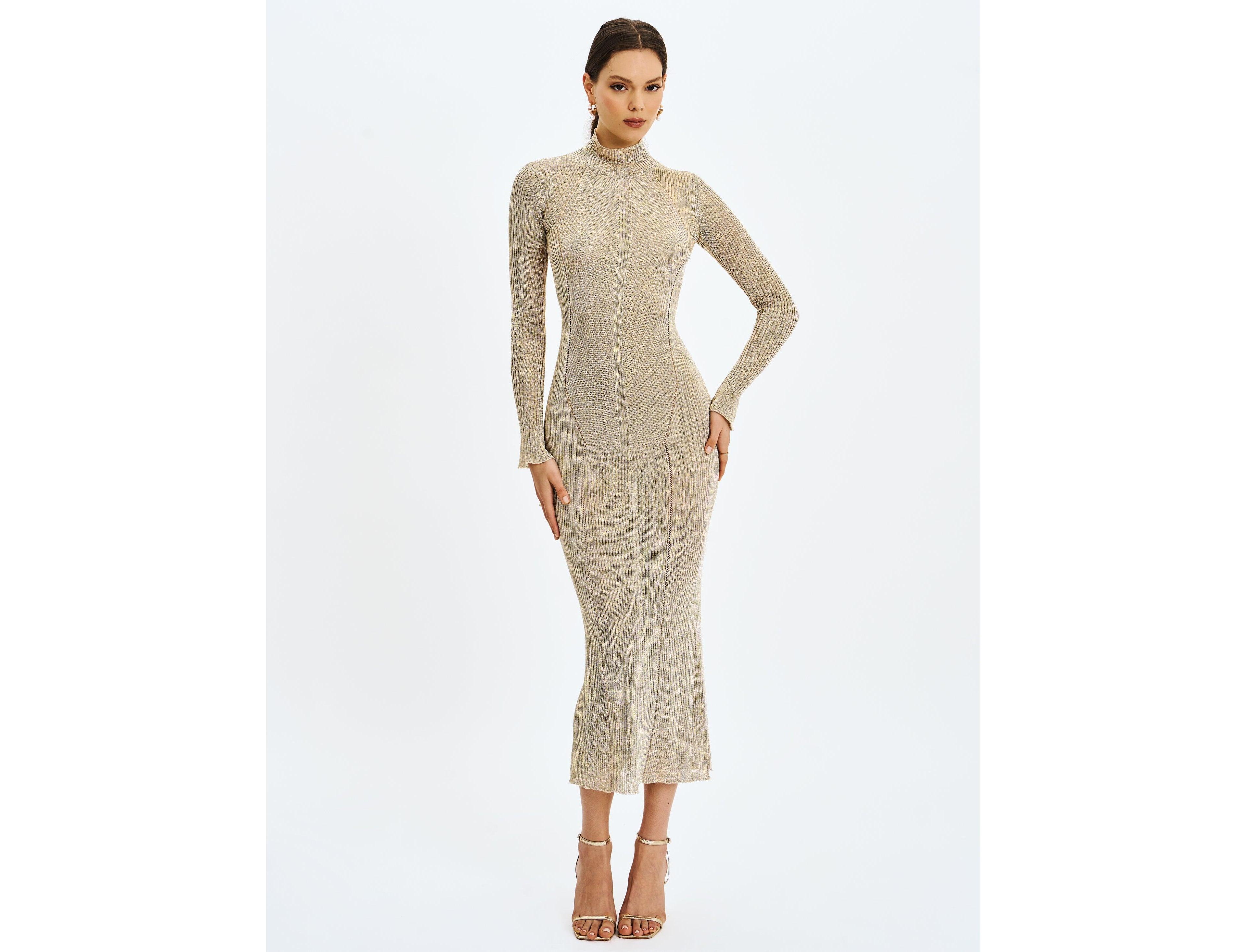 Miss Circle Women's Shay Gold Stretch Knit Backless Long Sleeve Dress